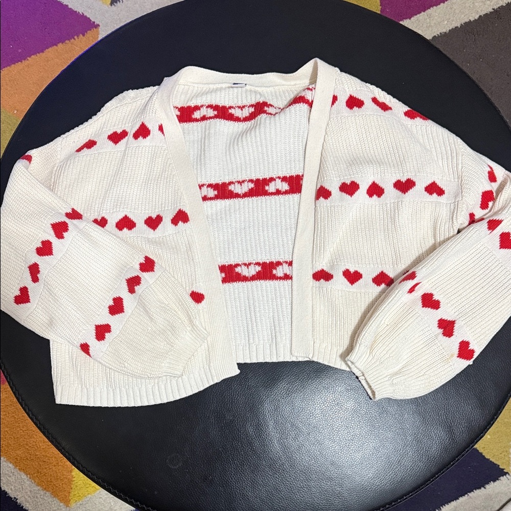 Old Navy White and Red Heart Cardigan
